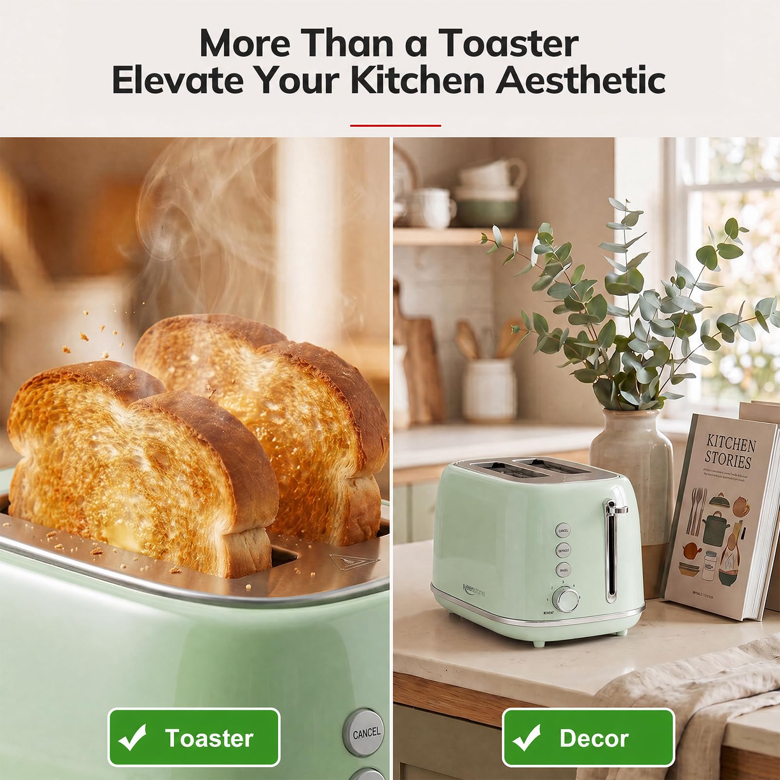 2 Slice Stainless Steel Toaster Retro with 6 Bread Shade Settings, Bagel, Cancel, Defrost Function, Extra Wide Slot, Removable Crumb Tray Green