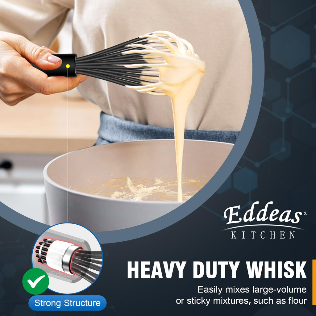 Eddeas Silicone Whisk - Non Scratch Whisks for Cooking, 500°F Heat Resistant Siliocne Wisk tool, Heavy Duty Kitchen Whisks, for Blending, Beating, set of 4 (5+7+9+11 inch) Black