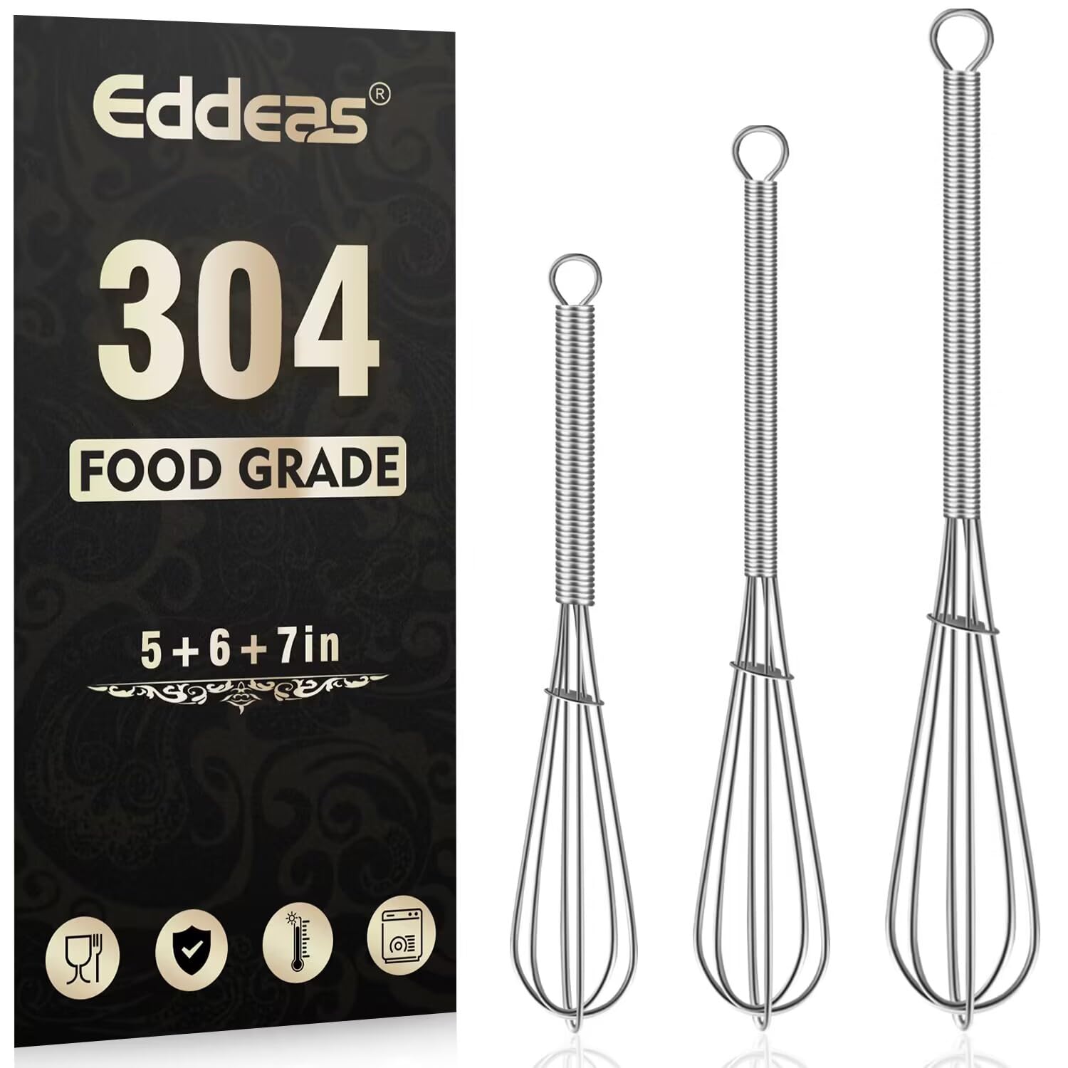 Eddeas Small Whisk Stainless Steel, Mini wire whisk 3 Pieces, 5in, 6in & 7in Tiny Whisks Perfect for Whisking, Beating, Mixing Sauces & Blending Ingredients.