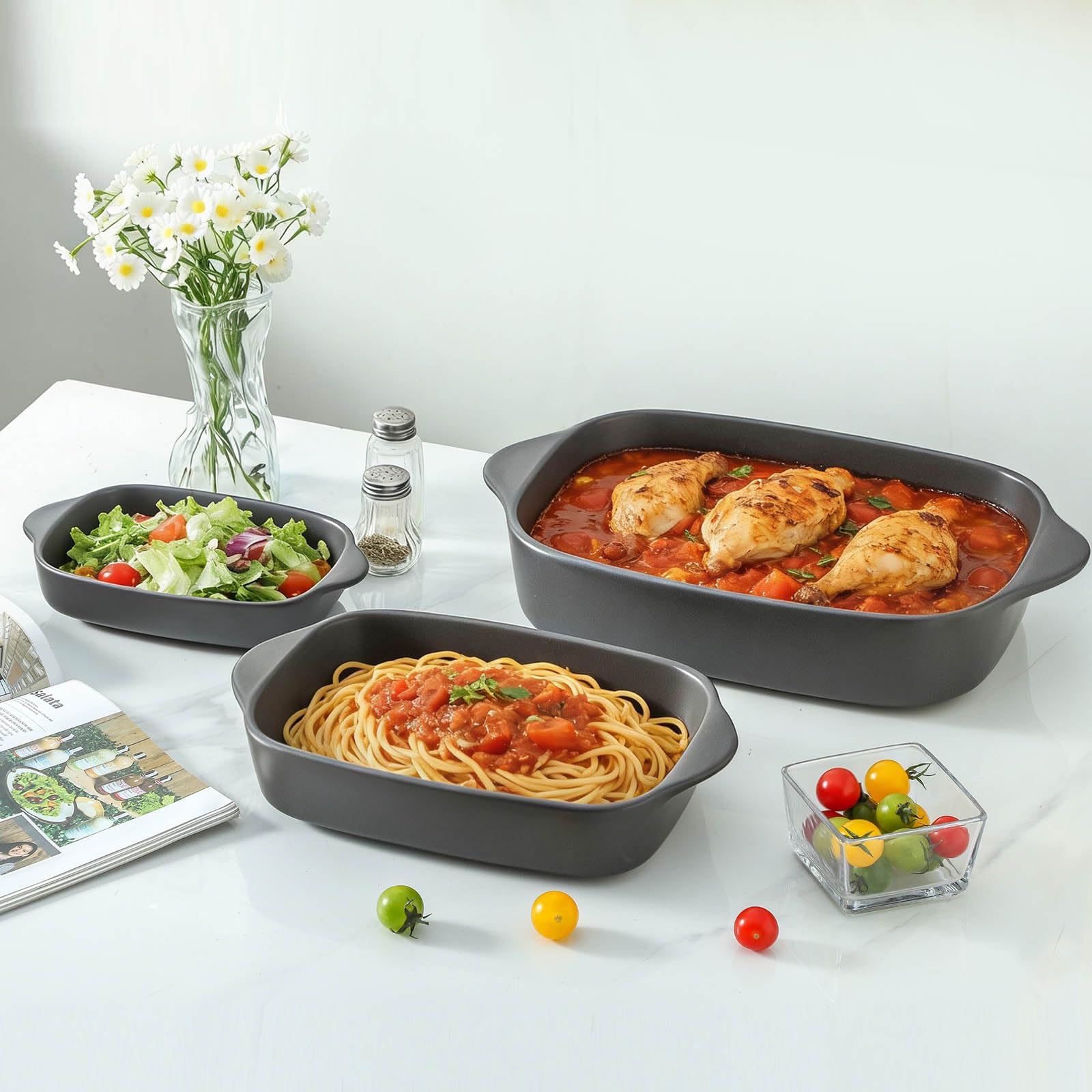 Tikooere Casserole Dish for Oven,Ceramic Baking Dishes， Stoneware Bakeware Set of 3，Deep Casserole Dishes for Baking，Casserole,Cake Dinner and Daily Use,0.63/1.8/4 QT，Matte Black