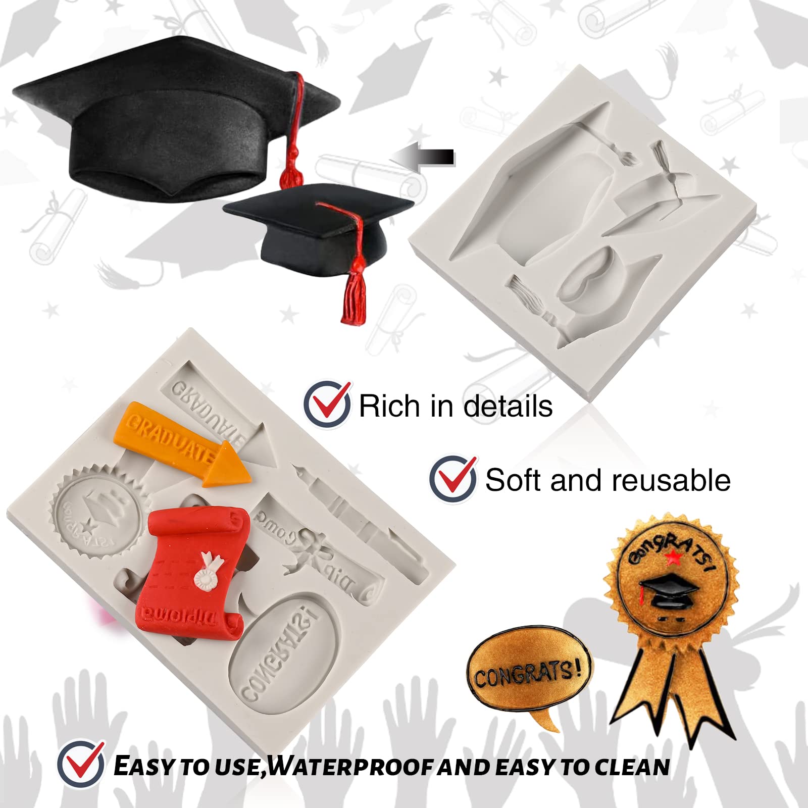 Sakolla Graduation Fondant Molds Silicone Doctoral Cap Diploma Chocolate Candy Molds Congrats Grad Congratulations Mould Cake Toppers Party Decorations for 2026 Graduation Celebration