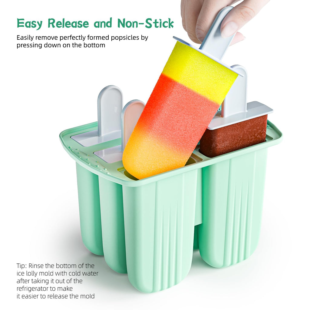 Bongpuda 6 Pieces Silicone Popsicle Molds,Easy-Release BPA-Free,Ice Pop Mold Ice Cream Molds For Kids,With 6 PCS Plastic Stick+Cleaning Brush (Mint Green)