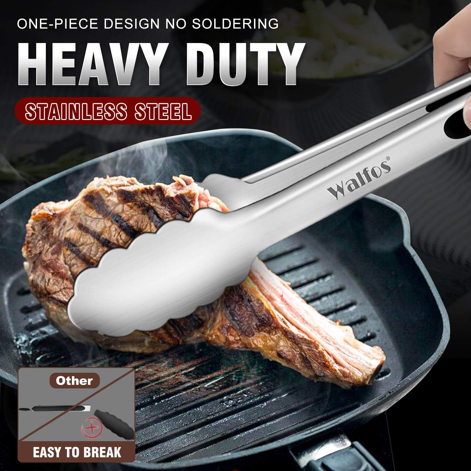 Walfos Stainless Steel Kitchen Tongs for Cooking, BBQ - 7 ，9, 12 and 14 Inch,Set of 4 Heavy Duty Locking Metal Food Tongs Non-Slip Grip