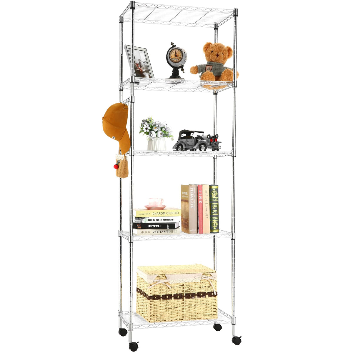 Himimi 72" H Storage Shelves 4 Tier Metal Shelving Adjustable Wire Shelf with Wheels, Heavy Duty Shelving for Garage Kitchen Pantry Bathroom Laundry 18" D*48" W*72" H, Black