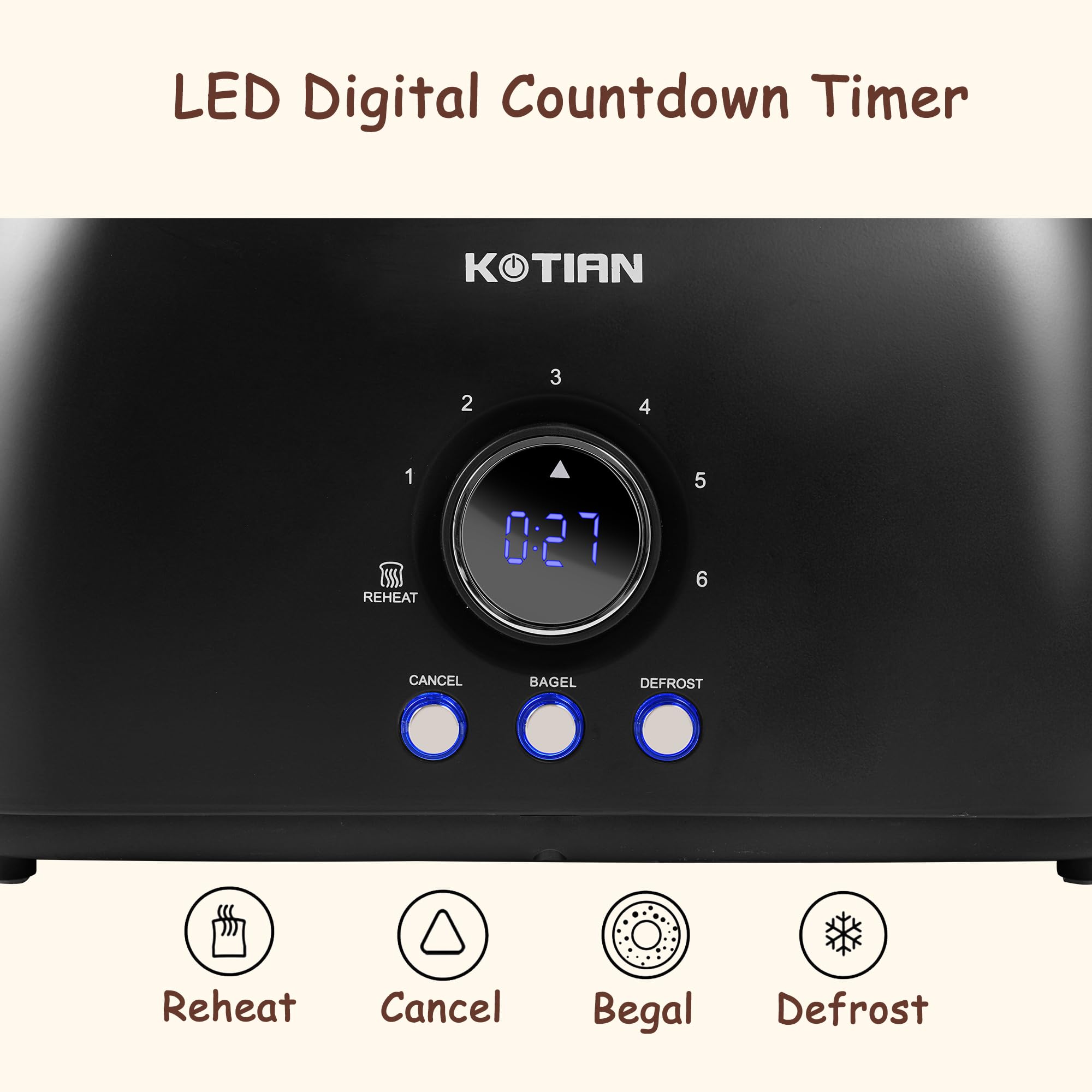 Toaster 4 Slice,KOTIAN Retro Long Slot Toasters with Countdown Timer,Stainless Steel Toaster,Bagel,Defrost,Reheat,Cancel Functions,Extra Wide Slots,6 Toast Settings,Removable Crumbs Tray,Matte black