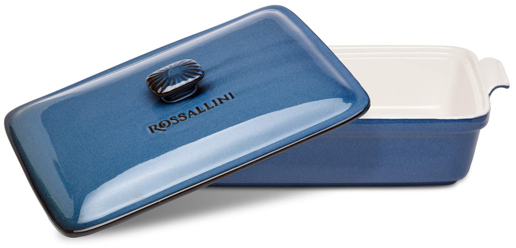 ROSSALLINI Stoneware Casserole Dish Bakeware Set with Lid, Covered Rectangular Dinnerware, Extra Large 4.23 Quart, 13 by 9 Inch, Blu Indaco [Reactive Blue]