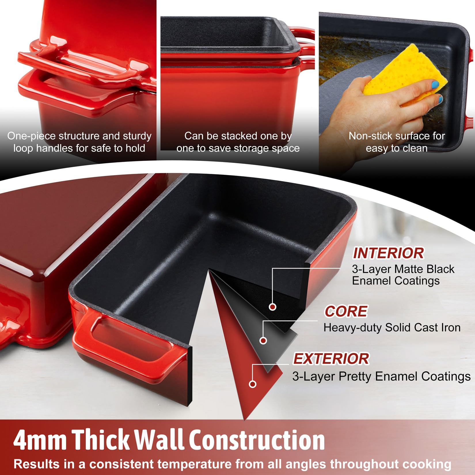 P&P CHEF 2-In-1 9 x 5 Inch Cast Iron Loaf Pan with Lid, Red