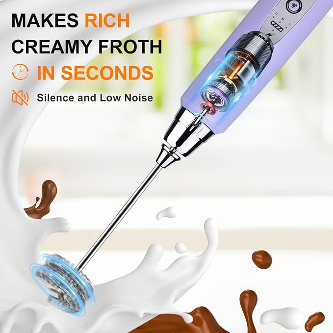 YUSWKO Handheld Milk Frother Wand for Coffee, Rechargeable Electric Whisk with 3 Heads 3 Speeds Drink Mixer Coffee Frother For Latte, Cappuccino, Hot Chocolate, Egg, Light Purple with Holder