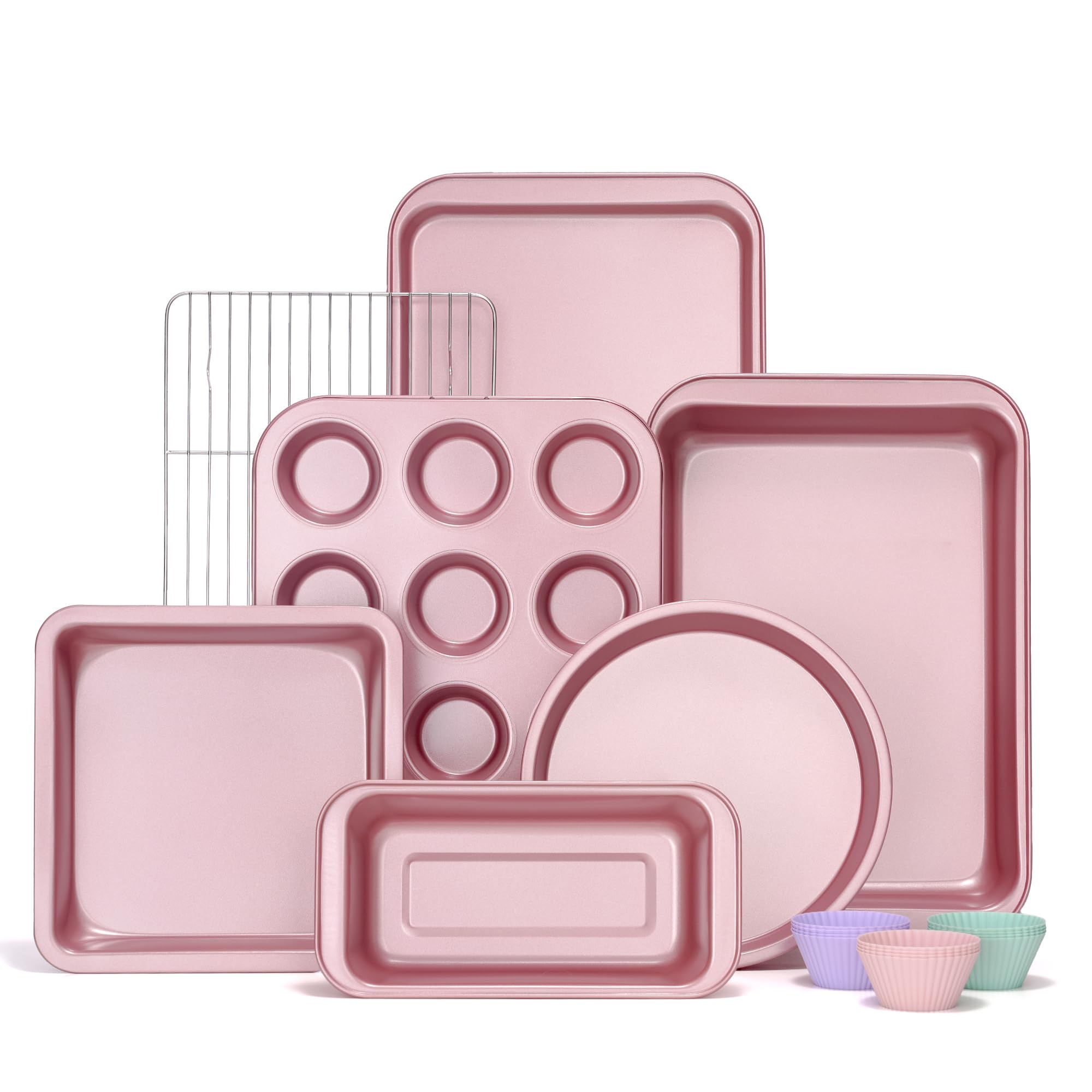 KITESSENSU Baking Pans Sets, Nonstick Bakeware Sets 19-Piece with Round/Square Cake Pan, Loaf Pan, Muffin Pan, Cookie Sheet, Roast Pan, Cooling Rack, Carbon Steel Bake Set Pink