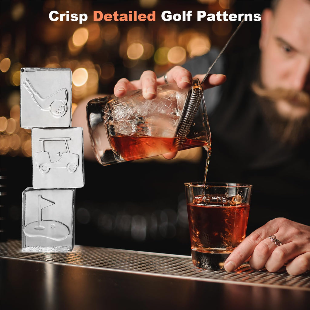 TPPICK Clear Square Ice Cube Maker Mold for Whiskey Bourbon, Golf Gifts for Men, Golf Accessories Stocking Stuffers for Men, 4 Golf Theme Ice Stamp Included