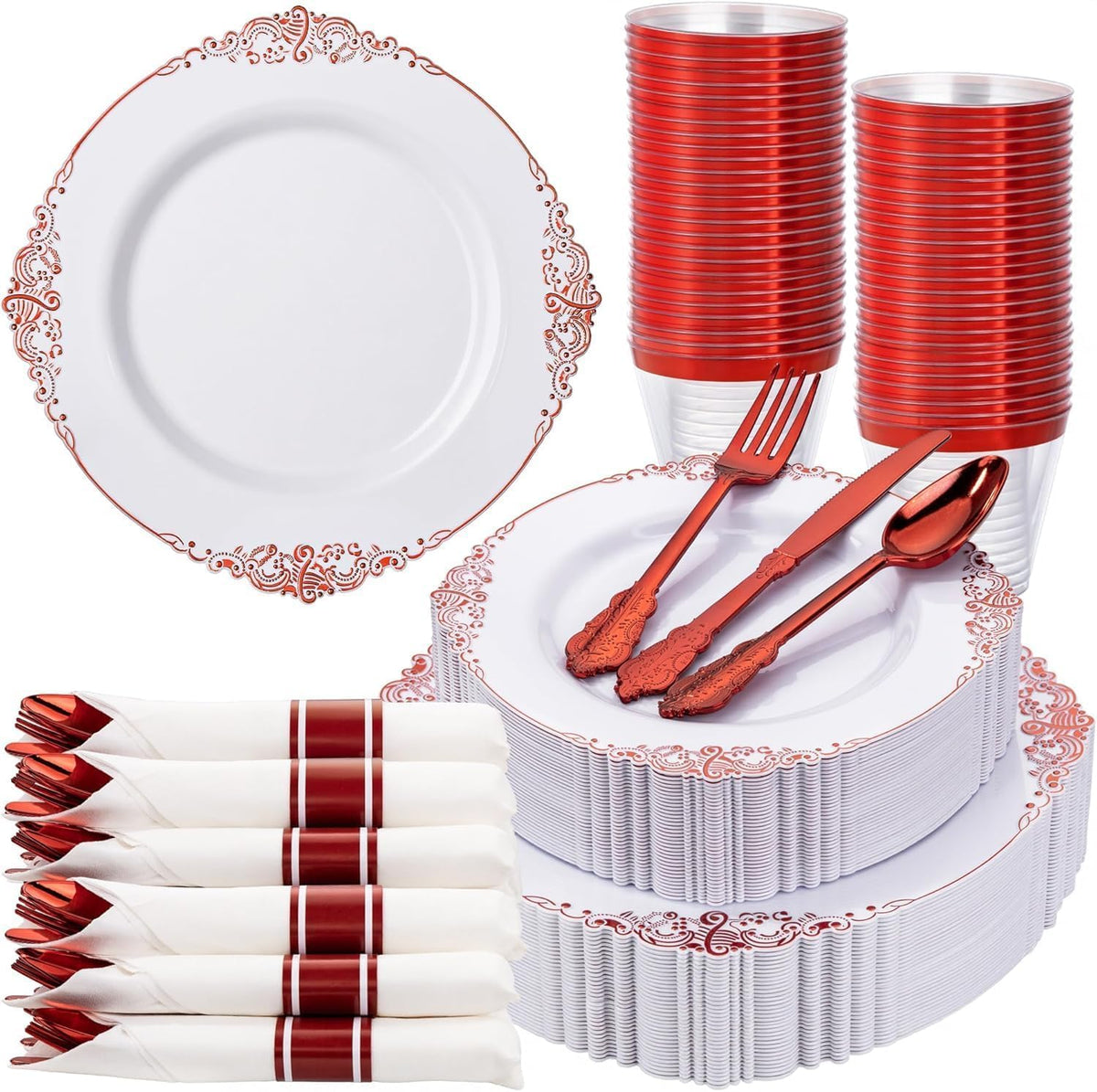 Nervure 350Pcs Purple Plastic Plates, Plastic Dinnerware Set for 50 Guests