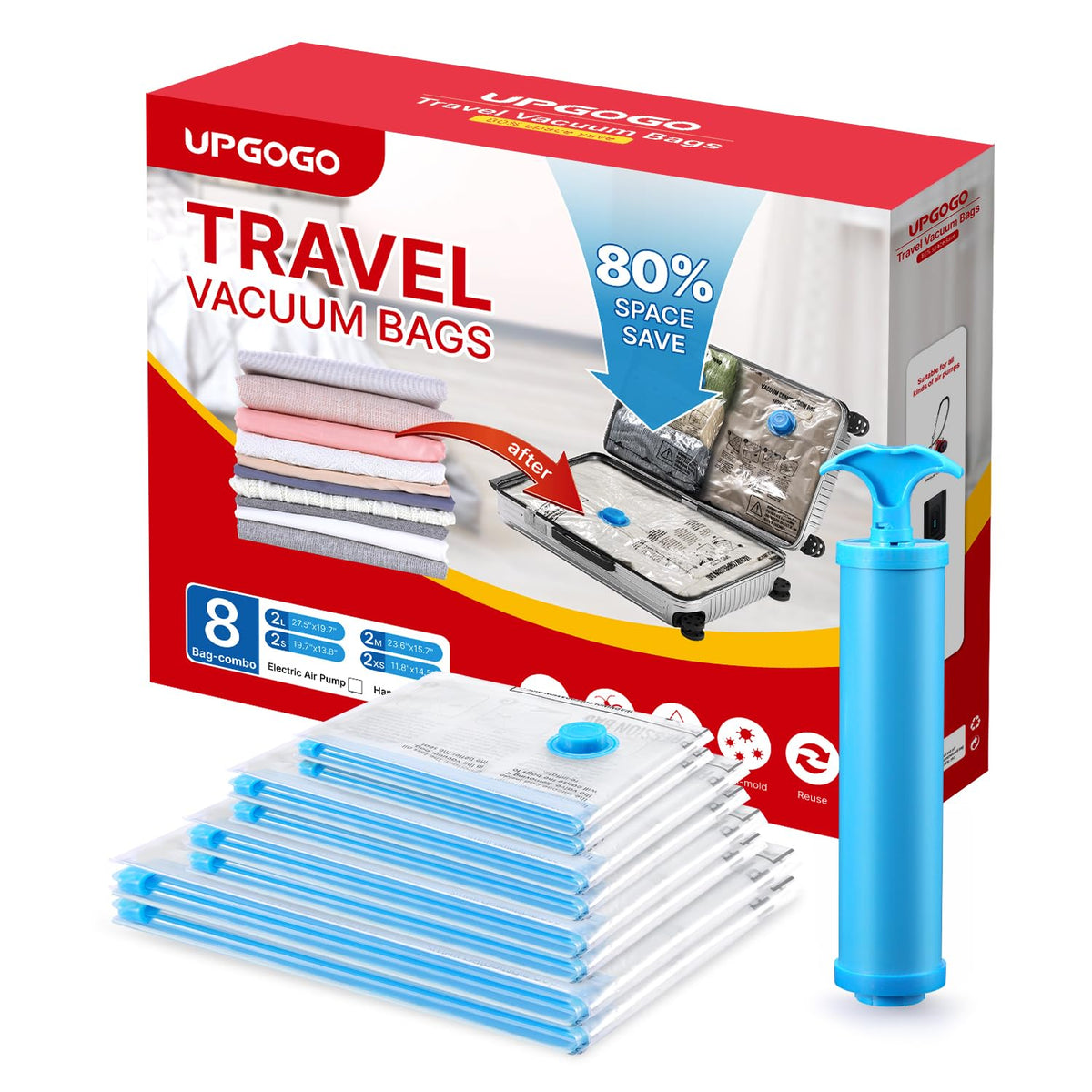 UPGOGO Vacuum Bags for Travel, 12 Pack with Hand Pump, Space Saver Vacuum Storage Bags, Travel Essentials, Clothes, Blankets, Pillows