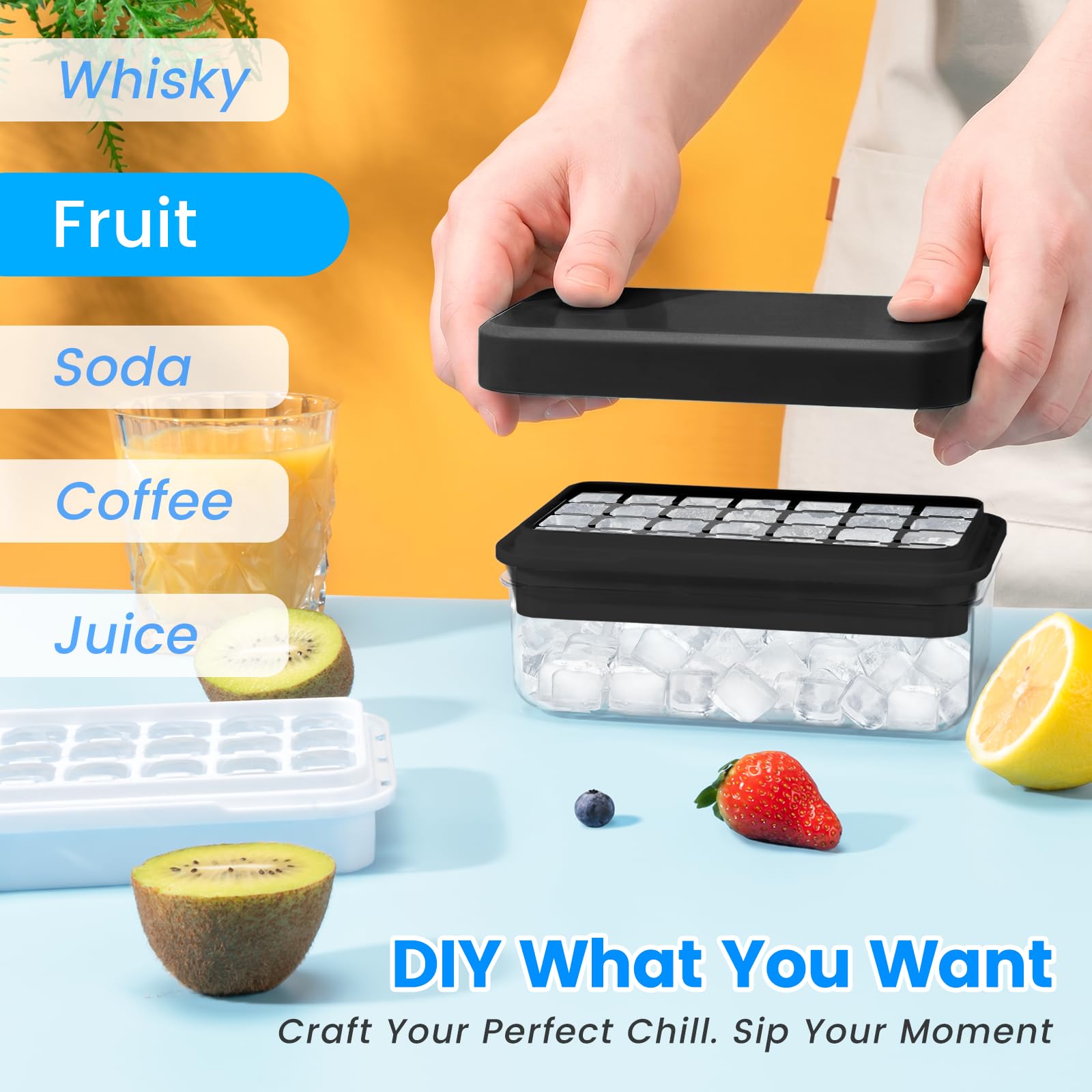 0.8“ Ice Cube Tray with Lid and Bin, PHINOX 56 Cubes Ice Trays for Freezer, Ice Cube Trays for Freezer with 2 trays, Container, Lid & Ice Scoop, BPA Free, Black(28Cubes/Tier)