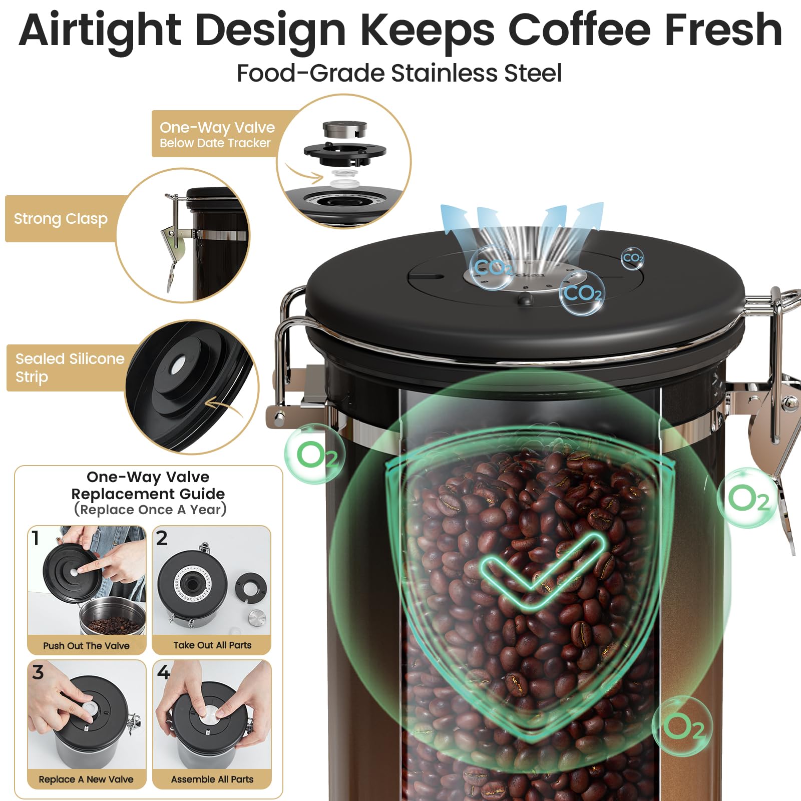 Veken Coffee Canister with Window, Airtight Stainless Steel Container, 22OZ