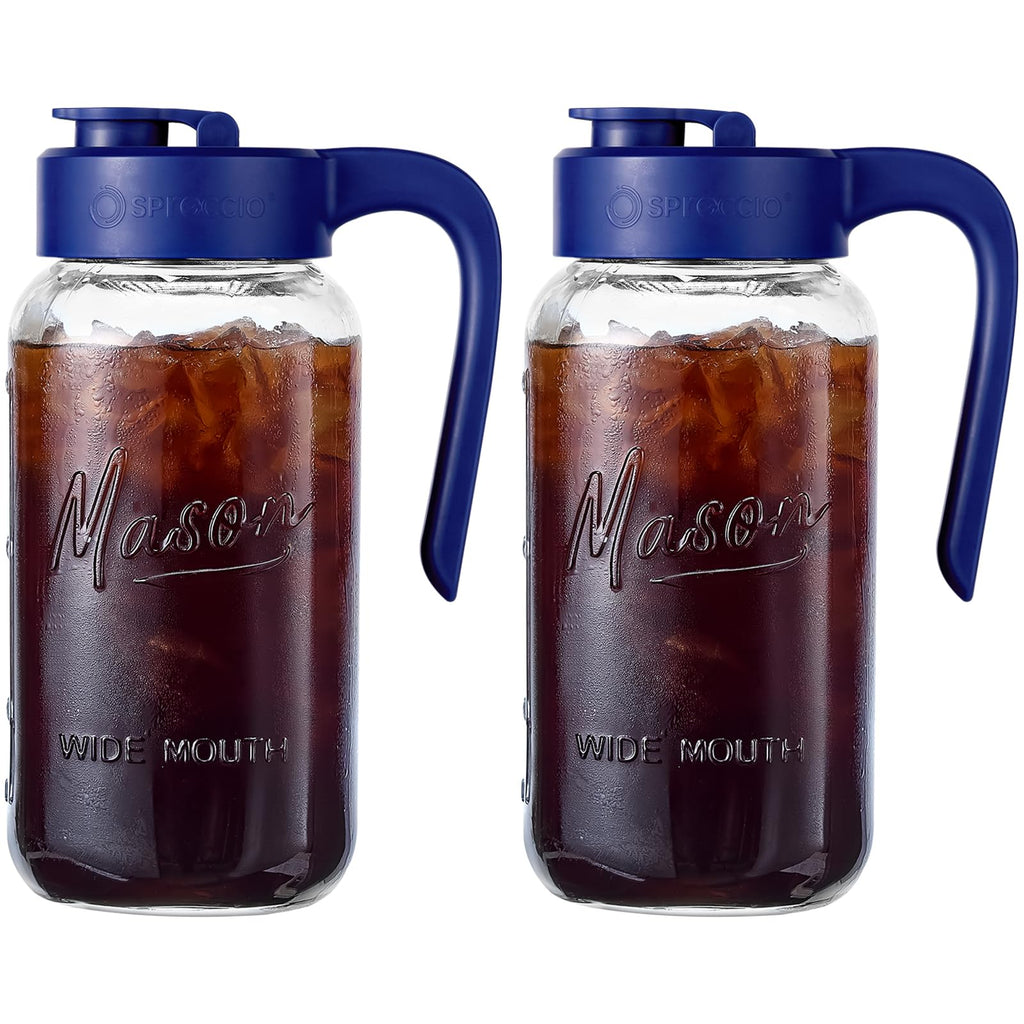 Spreccio Mason Jar Pitcher, 2 pcs 64 oz (2 quart), Glass Pitcher with Lid
