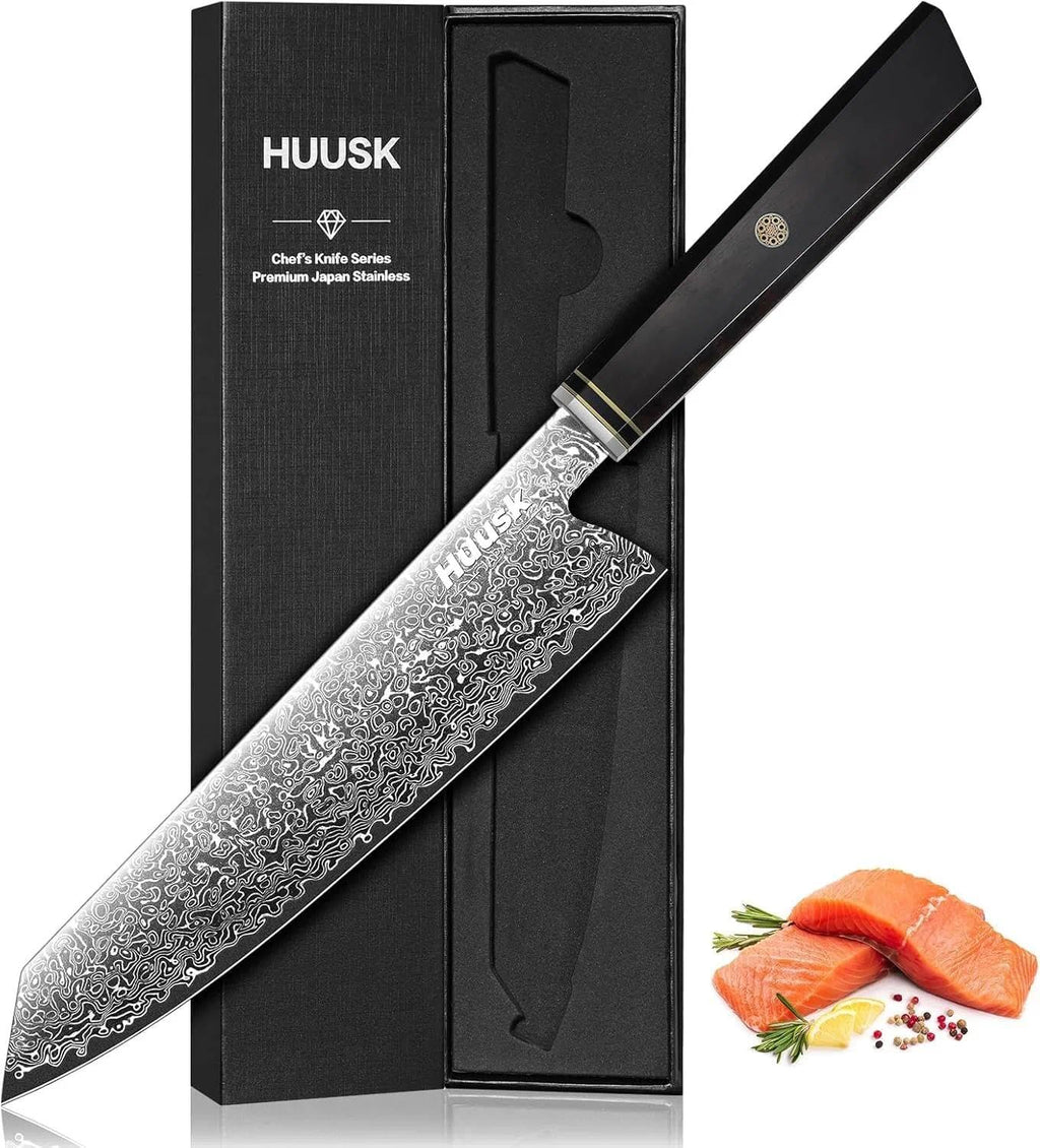 Huusk Damascus Chef Knife 8 inch - Japanese Knives with Wooden Handle