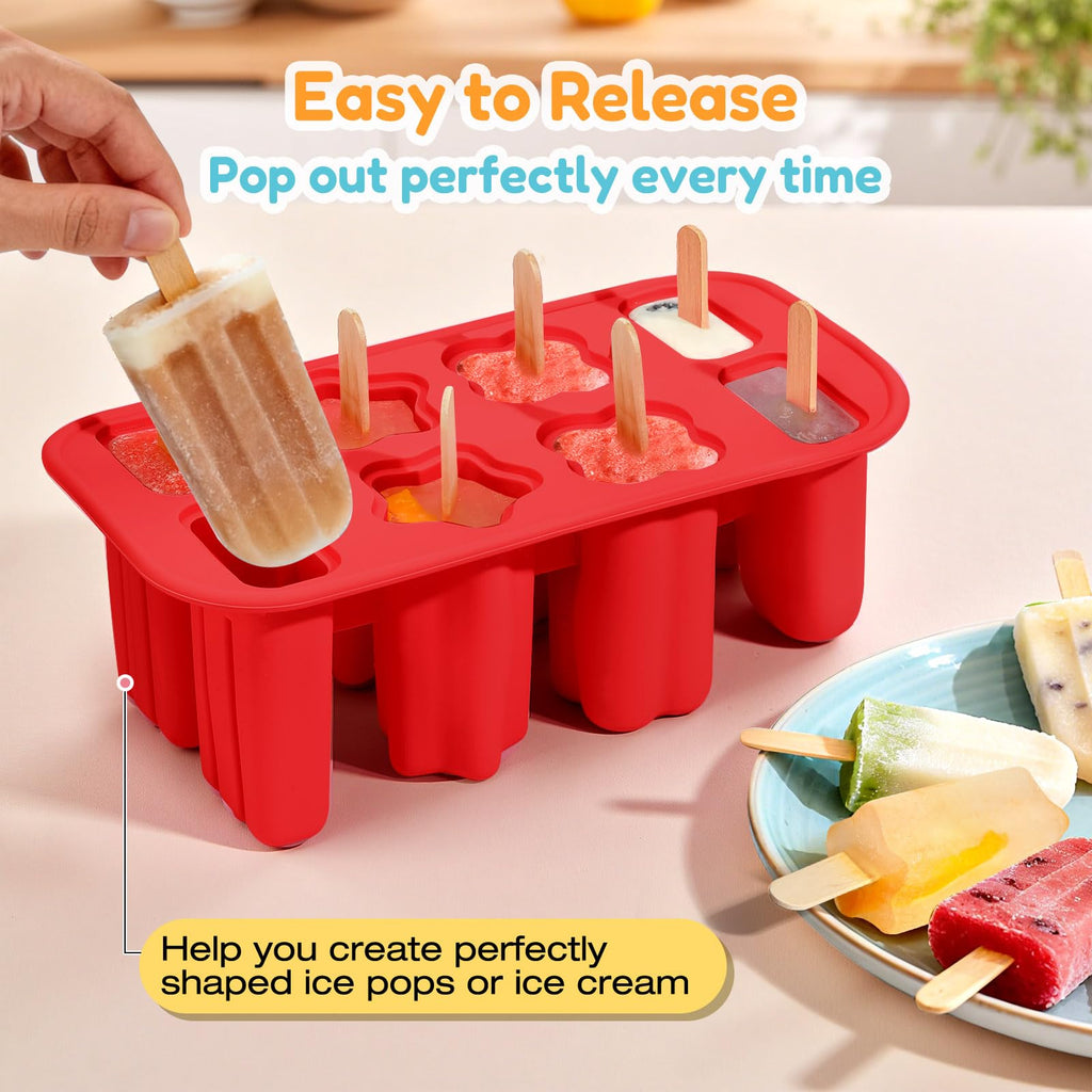 Firstfooby Popsicles Molds, 8-Cavity Silicone Popsicle Molds with 50 Sticks, BPA-Free Ice Pop Mold Popsicle Maker with Funnel & Cleaning Brush for Kids Adult Teens