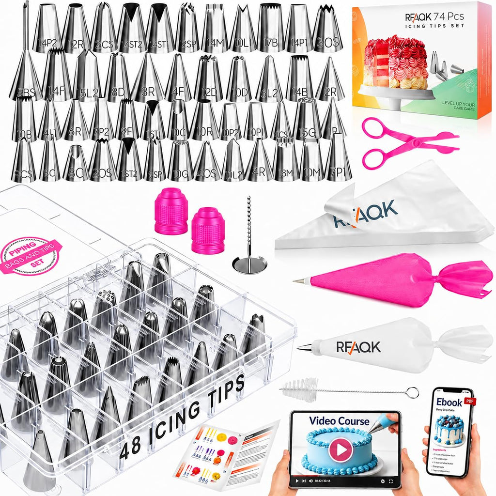 RFAQK 74PCs Icing Piping Bags and Tips Set for Beginners to Decorate Cake
