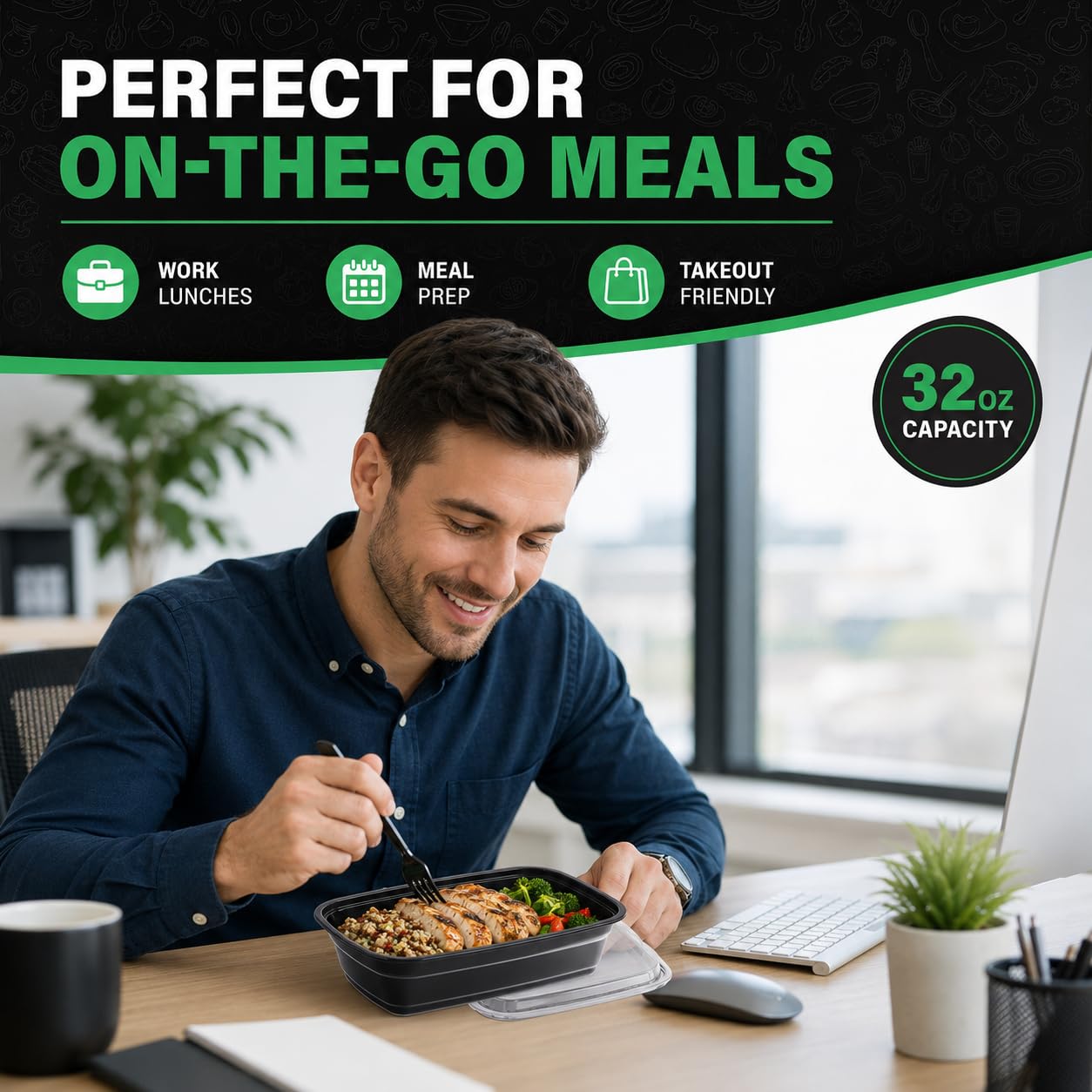 WUHUIXOZ Meal Prep Container, 50 Pack 32 oz Food Storage Containers with Lids, Disposable Bento Box Reusable Plastic Lunch Box, BPA Free Take-Out Box Microwave Dishwasher Freezer Safe