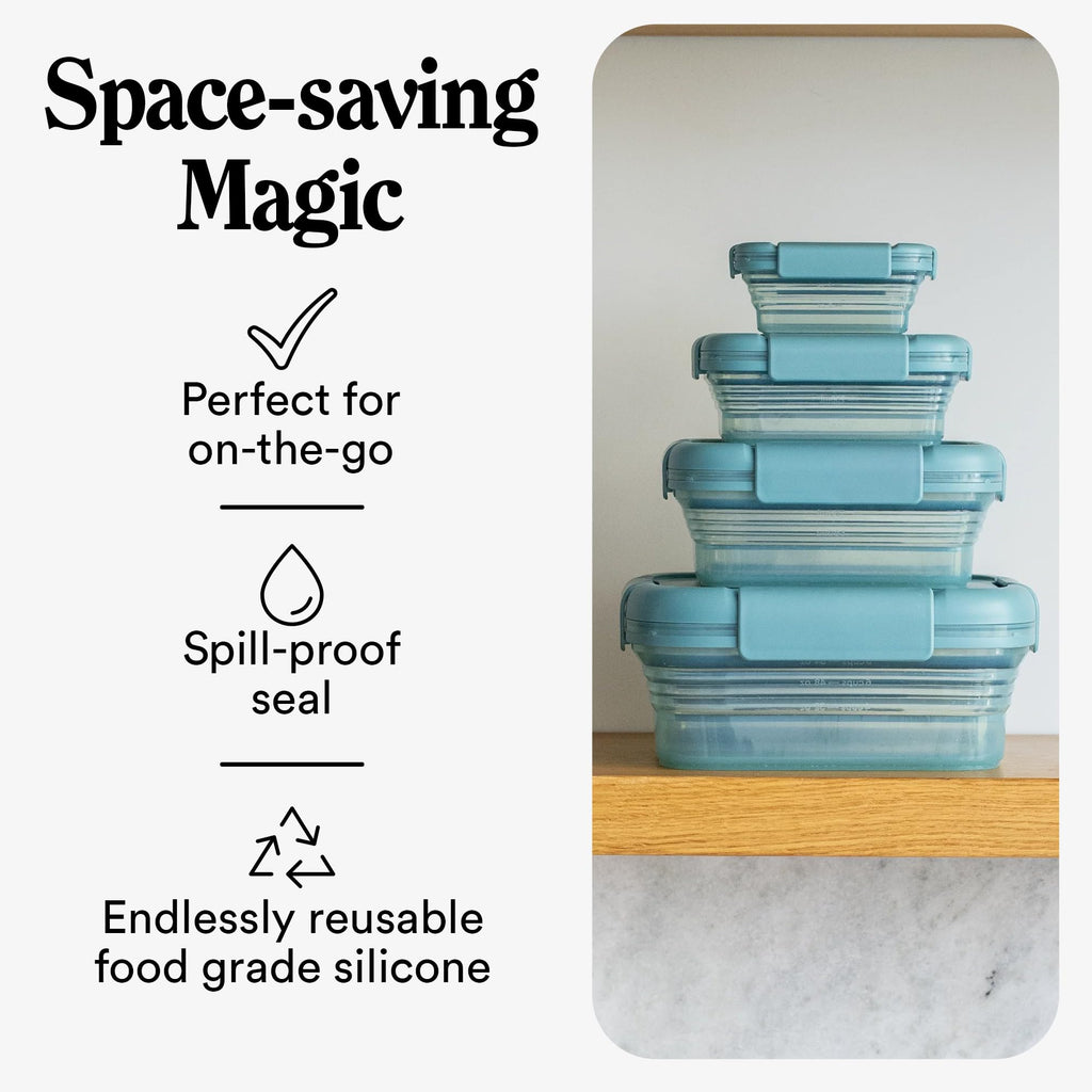 Stojo Nestable Collapsible Food Storage Container -Set of 4, Eucalyptus- Leak-Proof Airtight Seal Made With Food Grade Silicone For Meal Prep, Lunch Box, Pantry Organizer - Microwave & Dishwasher Safe