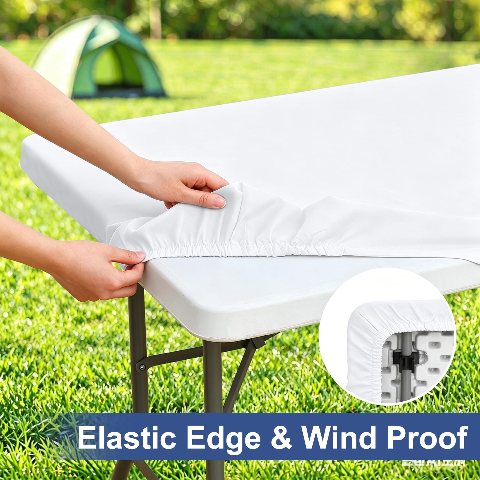homing Rectangle Table Cloth Cover, Water-Resistant Polyester Elastic Fitted Tablecloth, Fits for 6 Foot Folding Tables, Washable Table Protector for Picnic, Camping, Outdoor (White, 30" x 72")