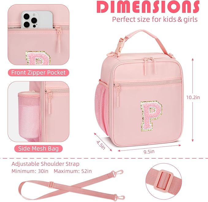 Initial Insulated Lunch Bag for Girls Kids, Back to School Gift, Reusable Leak-proof Lunch Box with Adjustable Strap for School Daycare Travel Picnic (Pink,P)