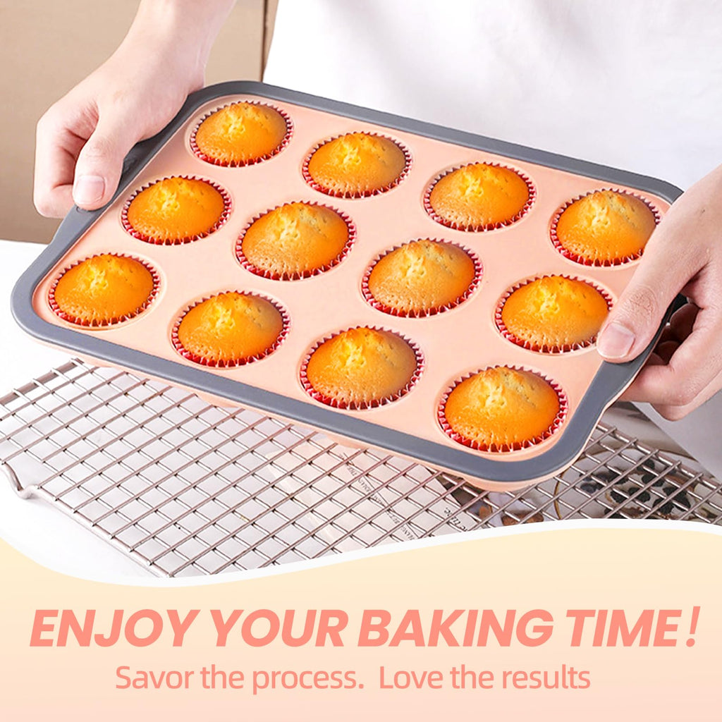 BHNJUTM 12-Cup Silicone Muffin Pan for Baking - Premium Nonstick Muffin Tin with Metal Reinforced Frame, Easy to Clean Silicone Cupcake Molds, Dishwasher & Oven Safe BPA Free (one pink)