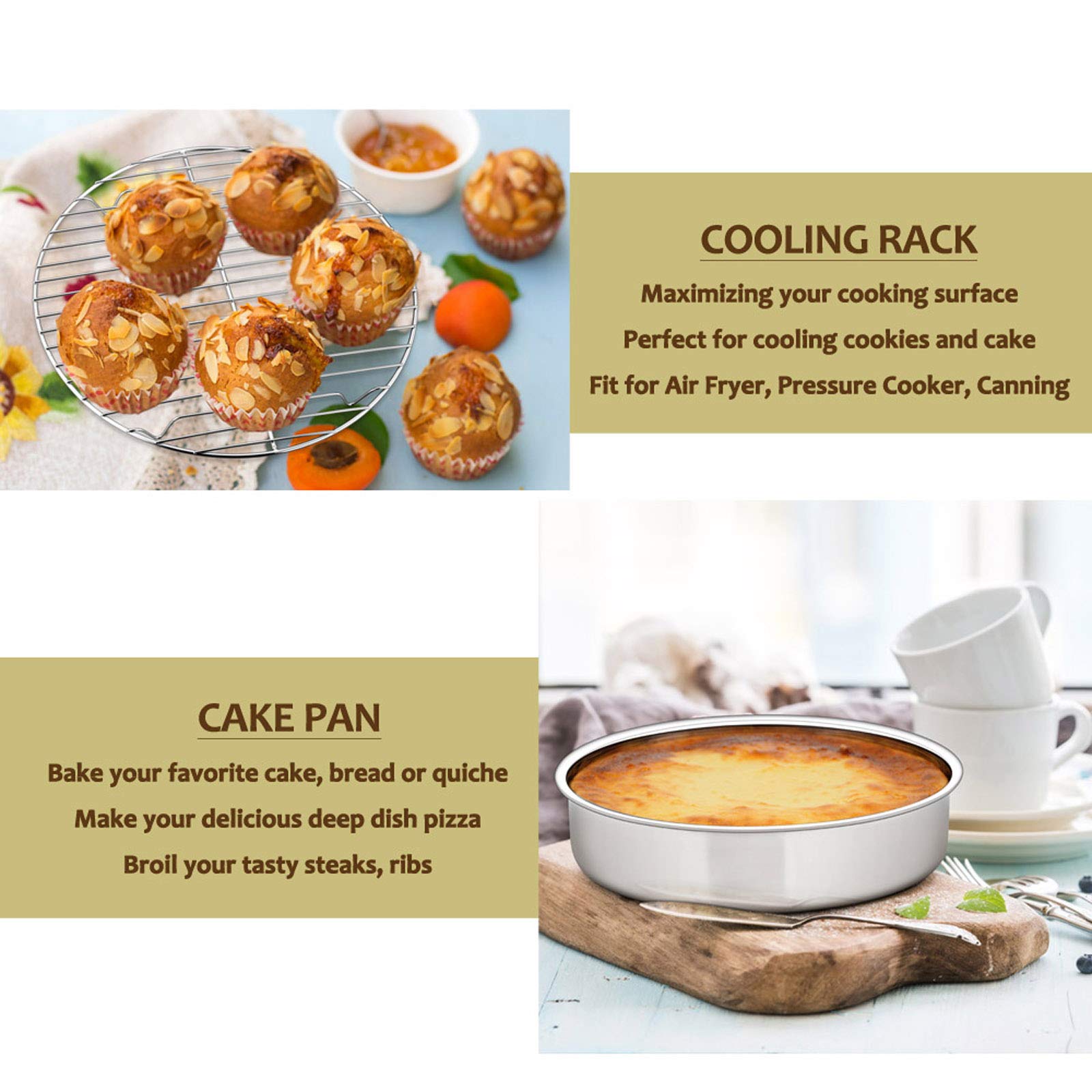 E-far 9½-inch Cake Pan with Rack Set, Stainless Steel Round Cake Pans and Baking Cooling Racks, Non Toxic & Healthy, Mirror Polished & Dishwasher Safe - 4 Pieces (2 Pans + 2 Racks)