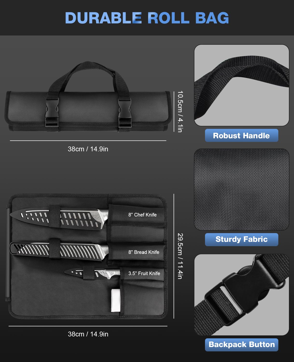 Meleho 4PCS Kitchen Knife Set,High-Carbon Stainless Steel Chef Knife Set, Portable Knife Roll Bag, Portable Knives for Outdoor Camping and Travel