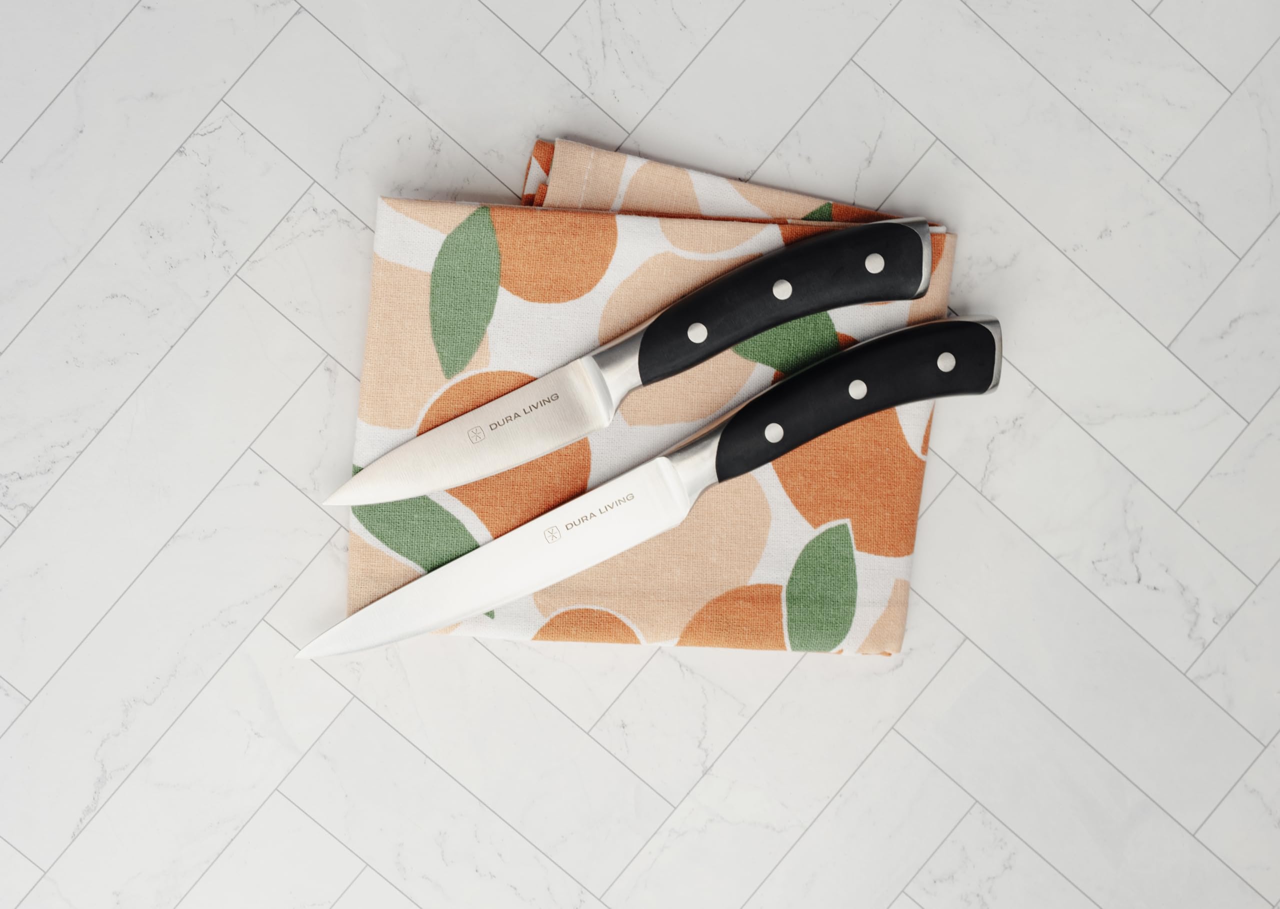 DURA LIVING 2-Piece Kitchen Knife Set – Ultra Sharp Precision German Stainless Steel Blades, 5” Utility & 3.5” Paring Knife with Ergonomic Handles, Multipurpose for Slicing & Peeling, Black Handle