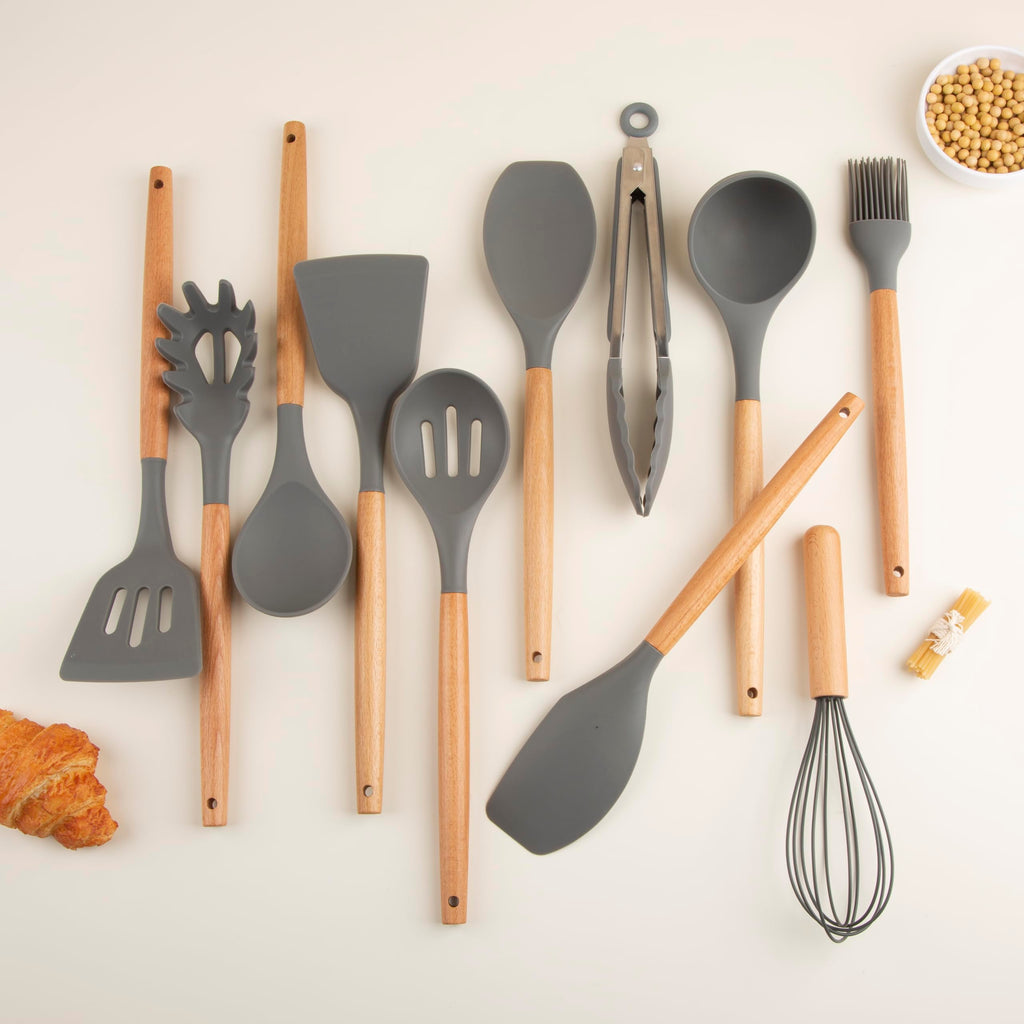 Silicone Cooking Utensils Set, Premium Beech Wood Handle Kitchen Gadgets Utensil Set, Non-Stick Kitchen Utensils Spatula, Tongs, Turner, Whisk, Brush, Spoon, BPA FREE, 446°F Resistant (Dark Gray)