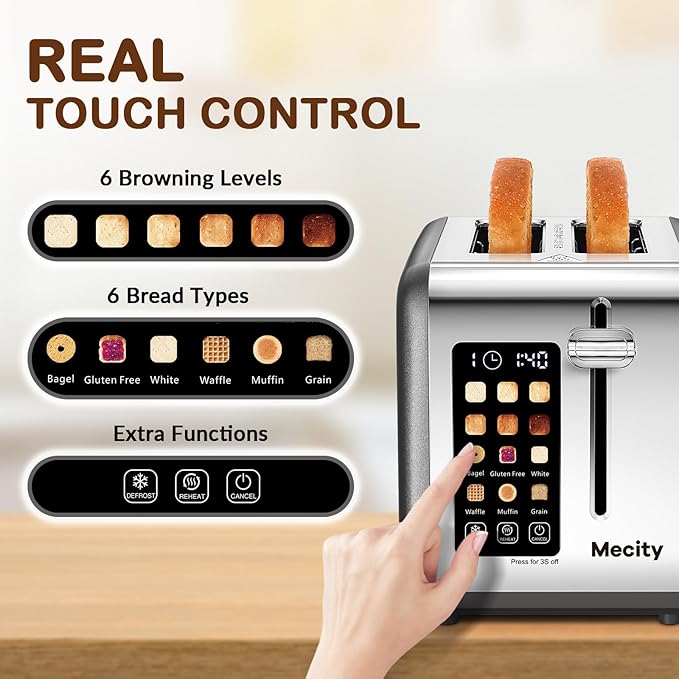Mecity 2 Slice Touch Screen Toaster, 1.5" Wide Slot, Stainless Steel Smart Toaster for Bagels, Muffins, Waffles, Gluten-Free Breads, Defrost, Reheat, Timer, 120V 825W, Grey Pearl