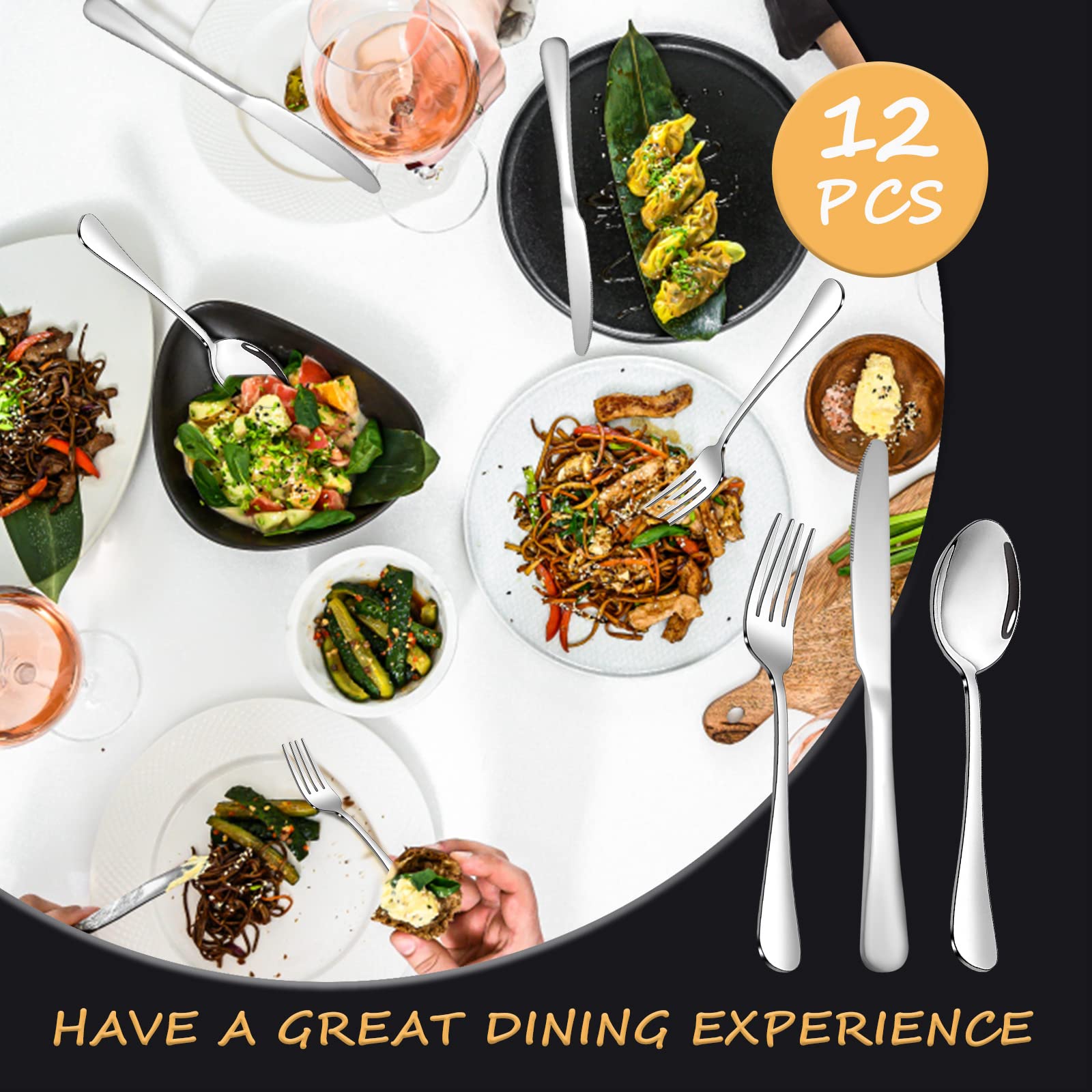 Silverware Set,SANTUO Stainless Steel Knives Spoon Forks Set for Home, Kitchen and Restaurant, Mirror Polished& Dishwasher Safe (12pcs-Silverware set)