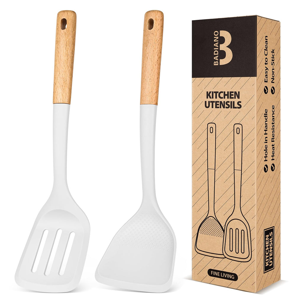 Silicone Wok Spatula Turner Set, Perfect for Scooping, Flipping, Lifting Pancakes and Picking up Veggies, BPA-Free Matte Silicone, Wooden Handles, Safe for Nonstick Cooking Surfaces (White)