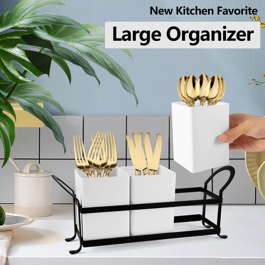 NelyBet Utensil Holder Silverware Caddy for Party Countertop, 3pcs Bins Set Silverware Caddy Organizer Holders for Spoon and Fork, White and Black