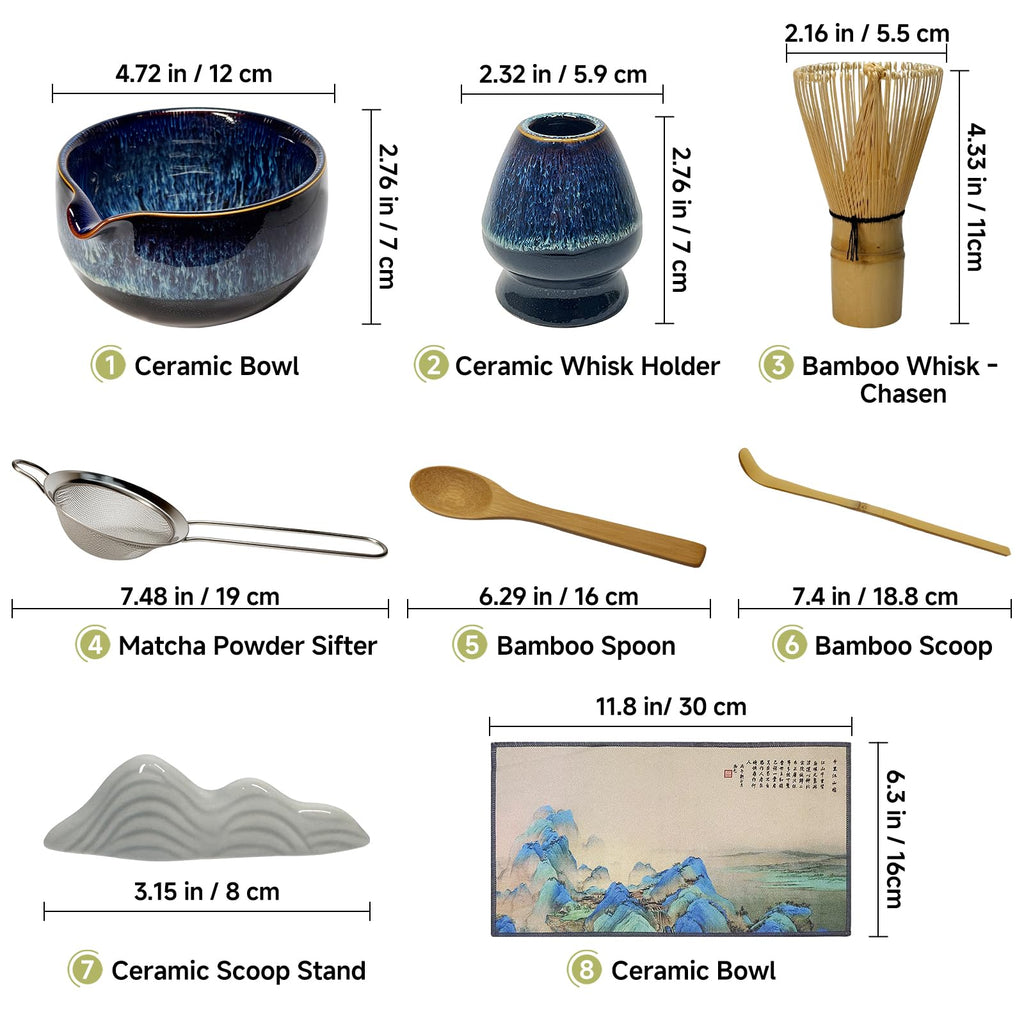 Matcha Whisk Set with Ceramic Bowl - Bamboo Whisk (Chasen), Scoop, Sifter & Holder - Complete Kit for Traditional Matcha Tea - Unique Gifts for Women, Men, Tea Lovers (Luminous-Auric-Sands)