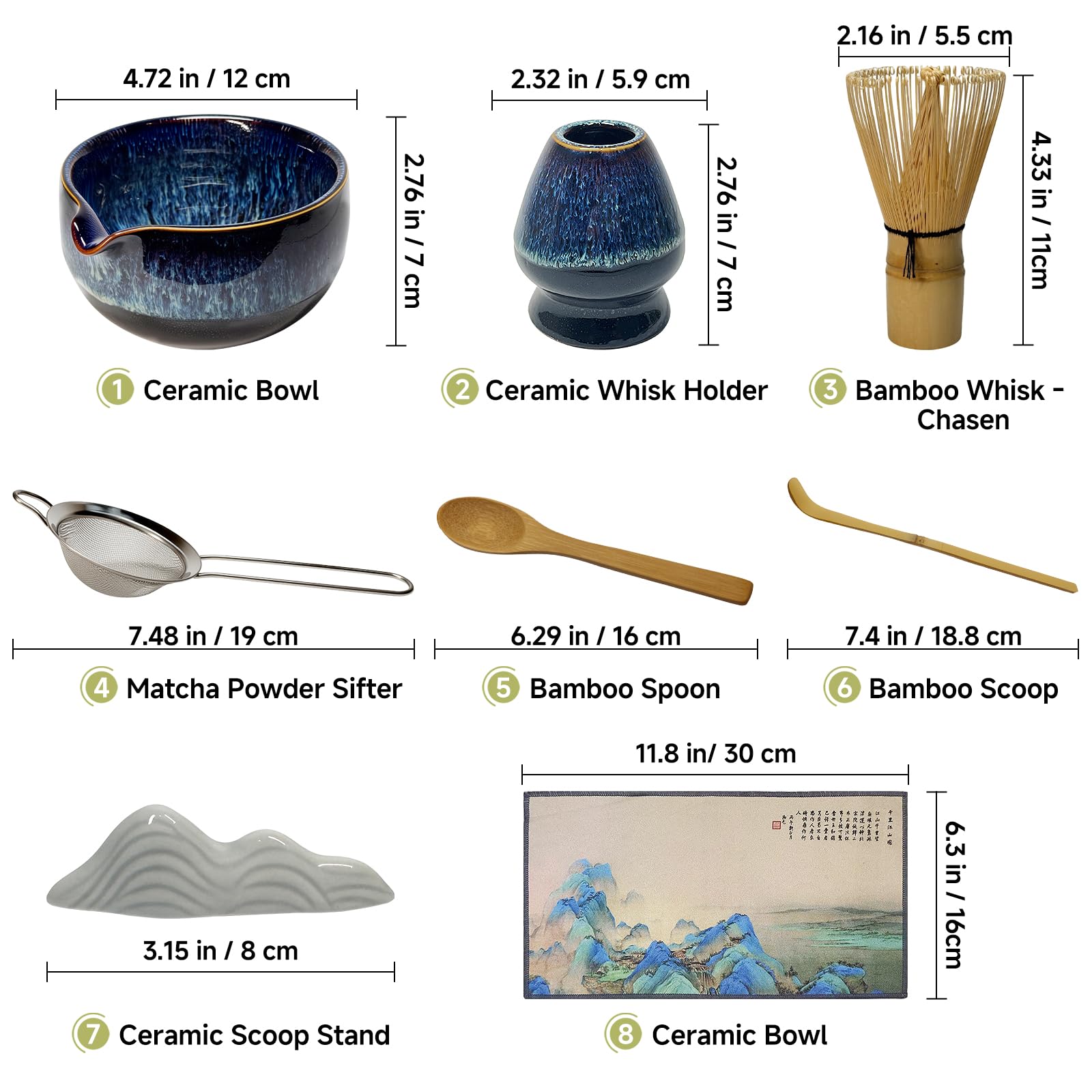 Matcha Whisk Set with Ceramic Bowl - Bamboo Whisk (Chasen), Scoop, Sifter & Holder - Complete Kit for Traditional Matcha Tea - Unique Gifts for Women, Men, Tea Lovers (Luminous-Auric-Sands)