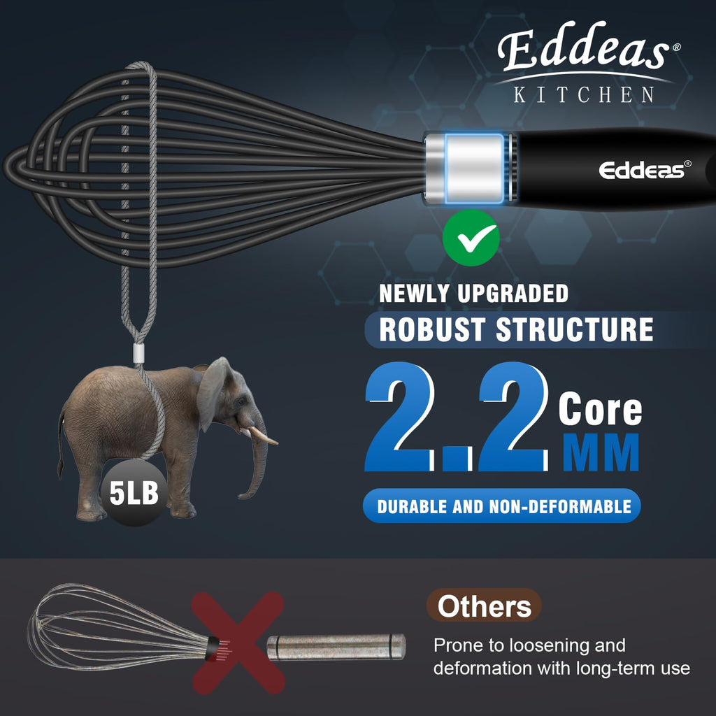 Eddeas Silicone Whisk - Non Scratch Whisks for Cooking, 500°F Heat Resistant Siliocne Wisk tool, Heavy Duty Kitchen Whisks, for Blending, Beating, set of 4 (5+7+9+11 inch) Black
