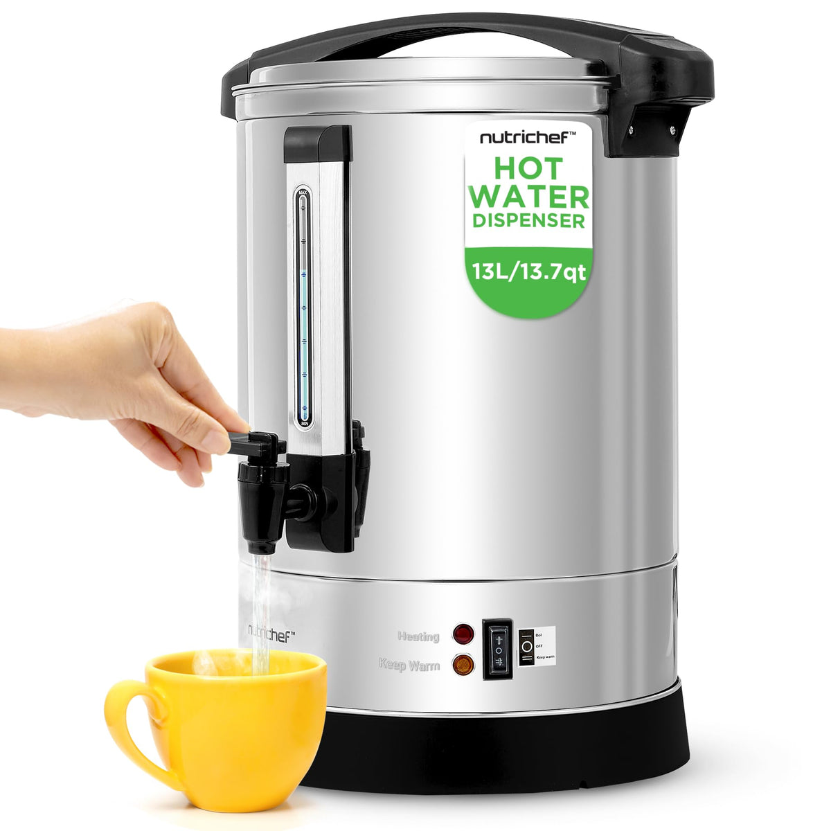 NutriChef Water Boiler and Hot Water Dispenser, 19L Electric Beverage Dispenser with Safety Lock Lid, Non-Drip Tap, Warm Function, Food Grade Stainless Steel, Home & Commercial Use, 19"x9"x9", Silver