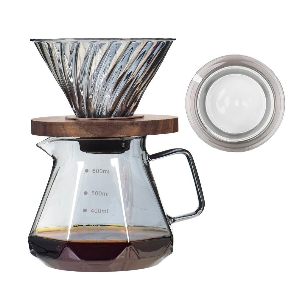 COFISUKI Upgrade Glass Coffee Dripper/Filter - Glass Pour Over Coffee Cone with Walnut Stand with Holder, Drip Coffee Maker Funnel Accessories for Home or Office, 1-5 Cups