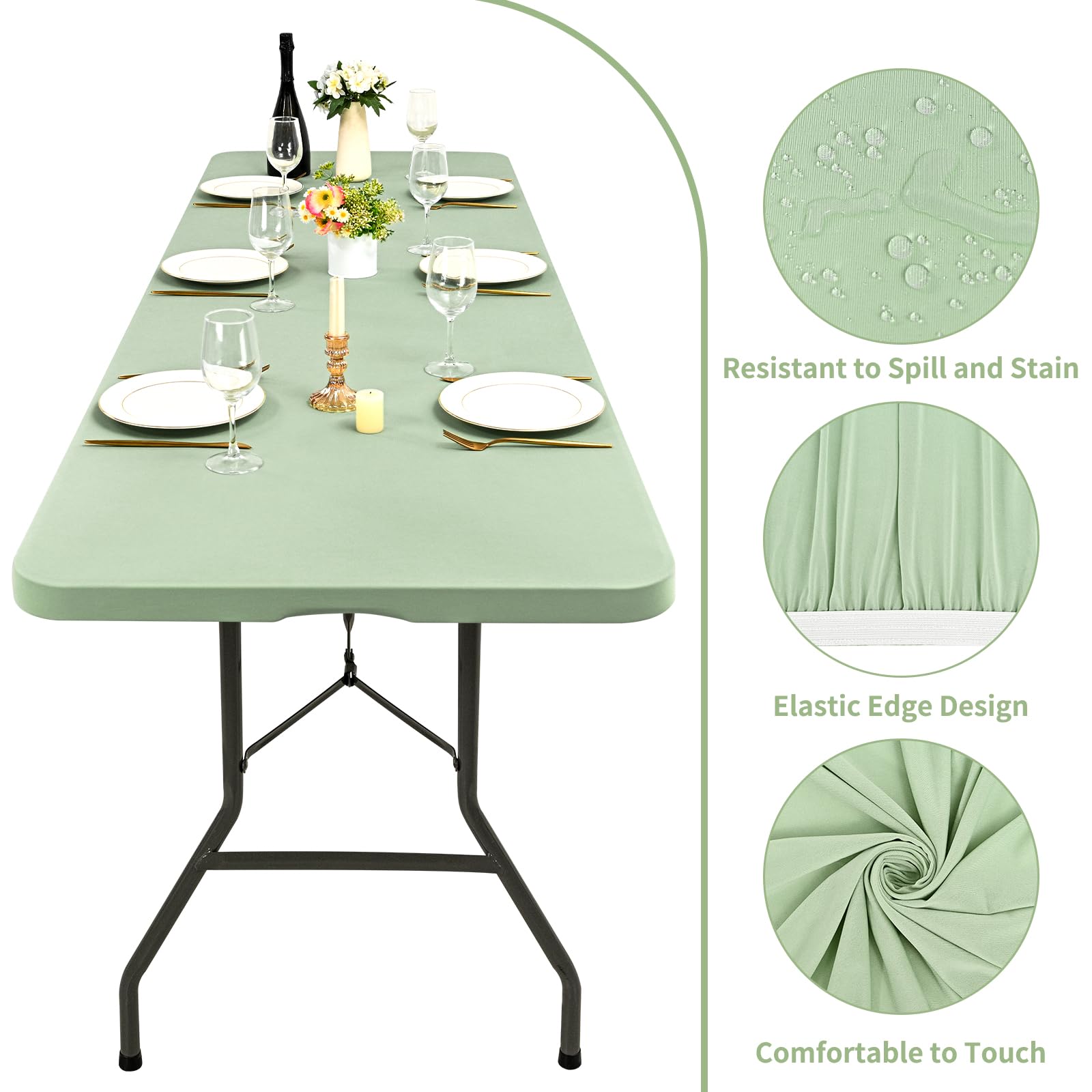 6 Pack Stretch Fabric Table Top Cap Cover, fits 8' Tables, Spandex Table Covers Washable Elastic Rectangle Tablecloth Protector for Indoor Outdoor Party Picnic Wedding, Sage Green, 30" W x 96" L