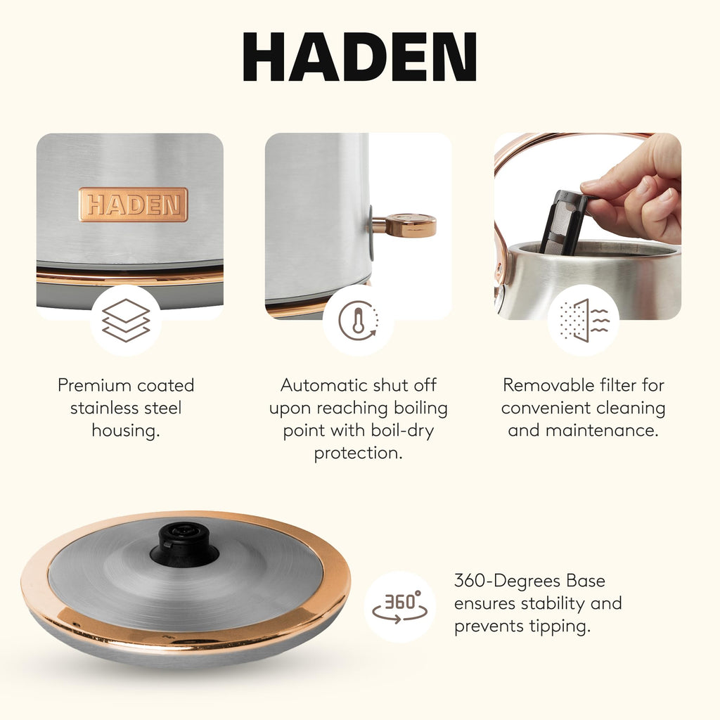 Haden Heritage 1.7 Liter Stainless Steel Electric Kettle, Hot Water Kettle with 360-Degree Base and Auto Shutoff, Steel & Copper