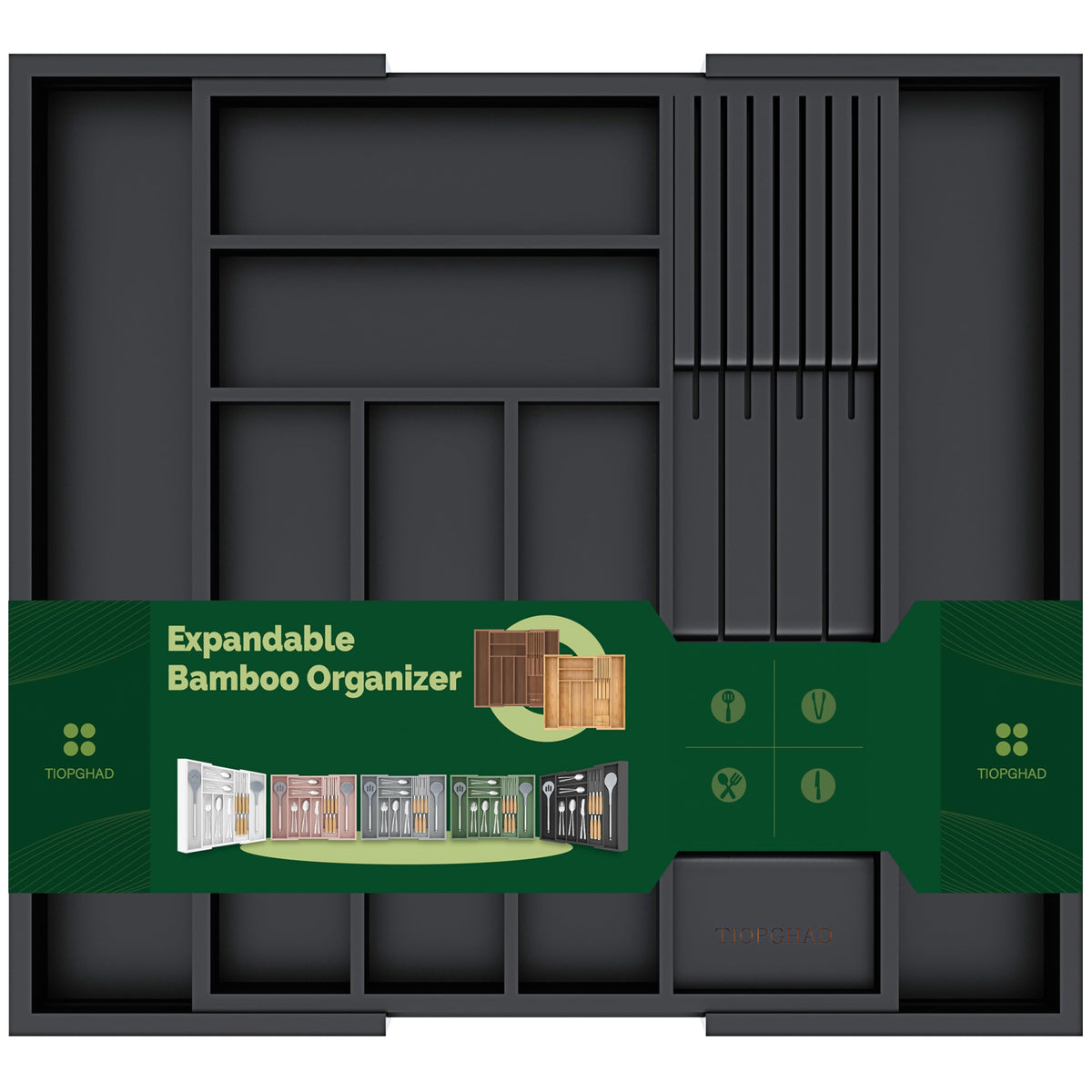 TIOPGHAD Expandable Bamboo Silverware Drawer Organizer Tray, Grayish Green