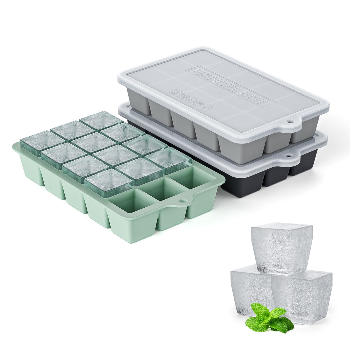 Silicone Ice Cube Tray 2 Pack, HANCELANT Ice Cube Mold, Ice Trays for Freezer with Lid for Whiskey, Cocktail, Drinks and Food, Freezer, BPA Free, Easy Release