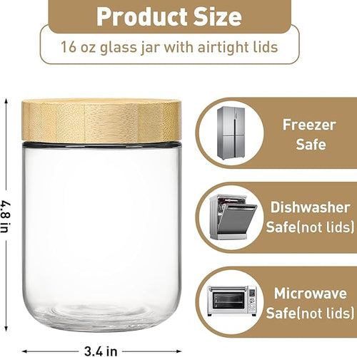 16oz Overnight Oats Jars,Overnight Oats Containers with Bamboo Lids for Meal Prep,Wide mouth Mason Glass Salad Jars with Spoons,Glass Food Storage Container for Yogurt Chia Pudding Spice Sugar(6Pack)