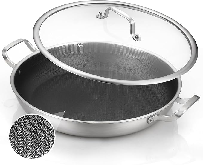 DELARLO 13 Inch Tri-Ply Stainless Steel Paella Pan With Lid, Big Frying Pan, kitchen Induction Large Skillets,Great for Paella Parties Indoors Outdoors,Heavy Duty Style