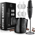 Zulay Premium Gift Milk Frother Set – Handheld Coffee Frother with Stand, 12oz/350ml Frothing Pitcher + 4 Latte Art Stencils – 13,000 RPM Motor, SS Whisk, Battery Operated – Barista Kit (Exec Black)