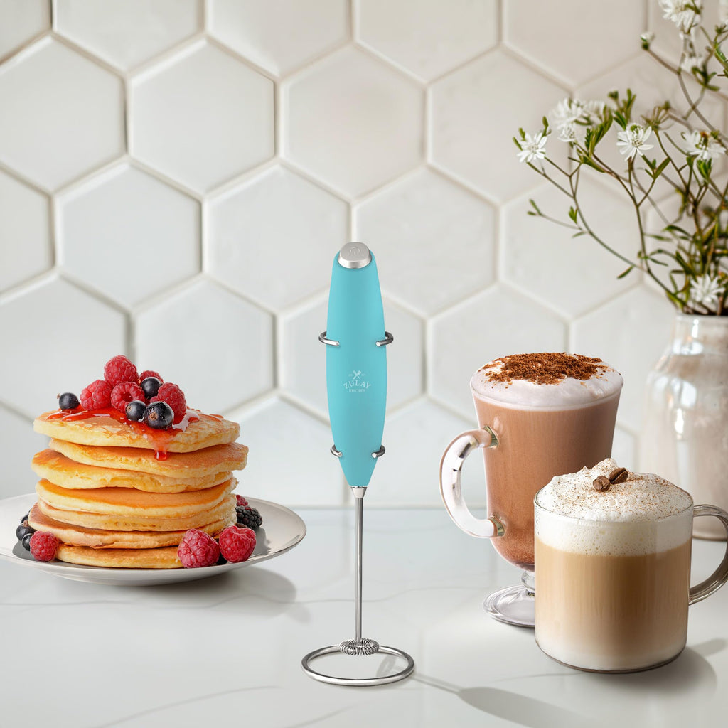 Zulay Kitchen Powerful Milk Frother Wand With Duracell Batteries - Ultra Fast Handheld Drink Mixer - Electric Whisk Foam Maker for Coffee, Lattes, Cappuccino & Matcha - Z1 Motor - Aqua