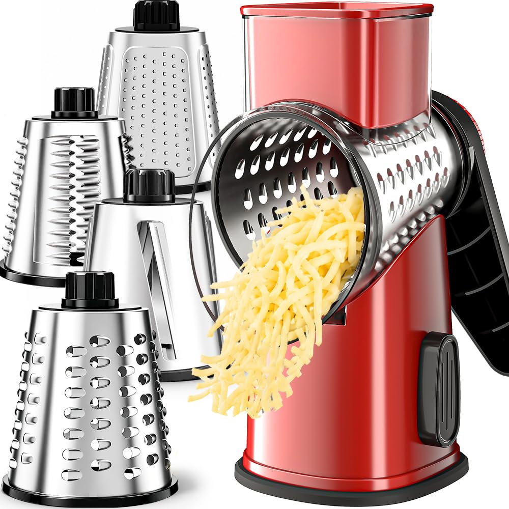 VEKAYA Rotary Cheese Grater Hand Crank, Large Drum Cheese Shredder (red)