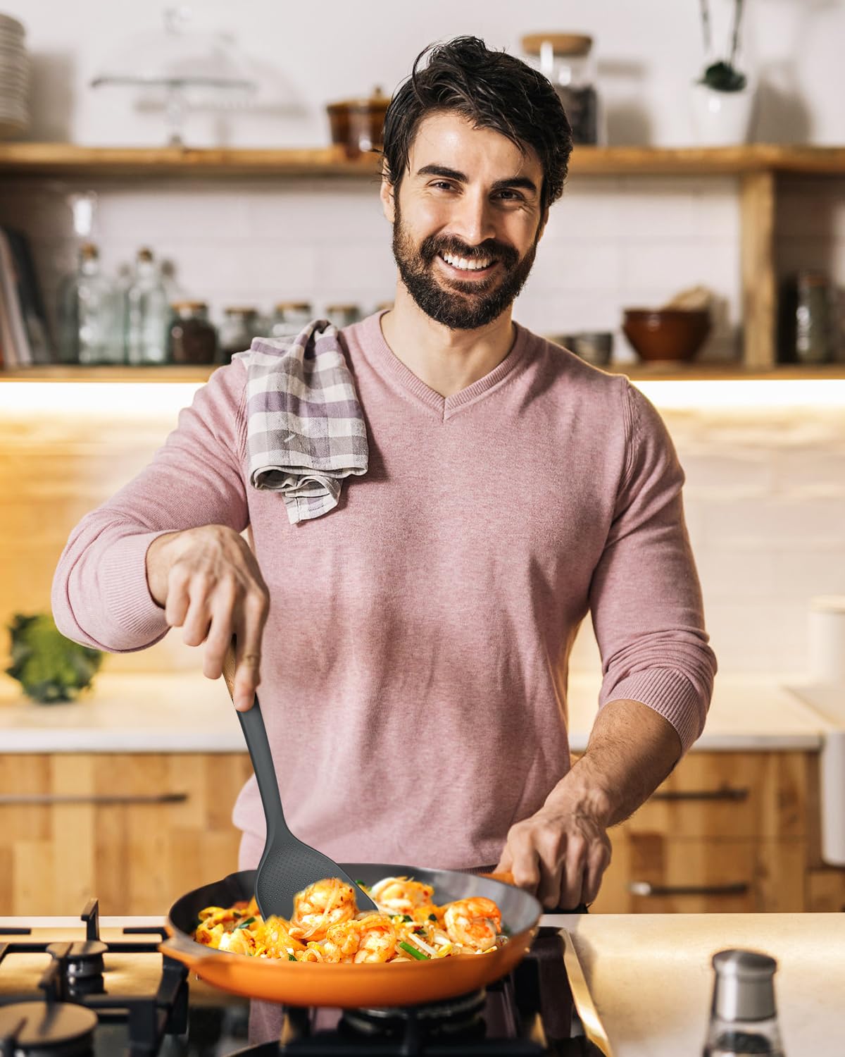 Silicone Wok Spatula Turner Set, Perfect for Scooping, Flipping, Lifting Pancakes and Picking up Veggies, BPA-Free Matte Silicone, Wooden Handles, Safe for Nonstick Cooking Surfaces (Grey)
